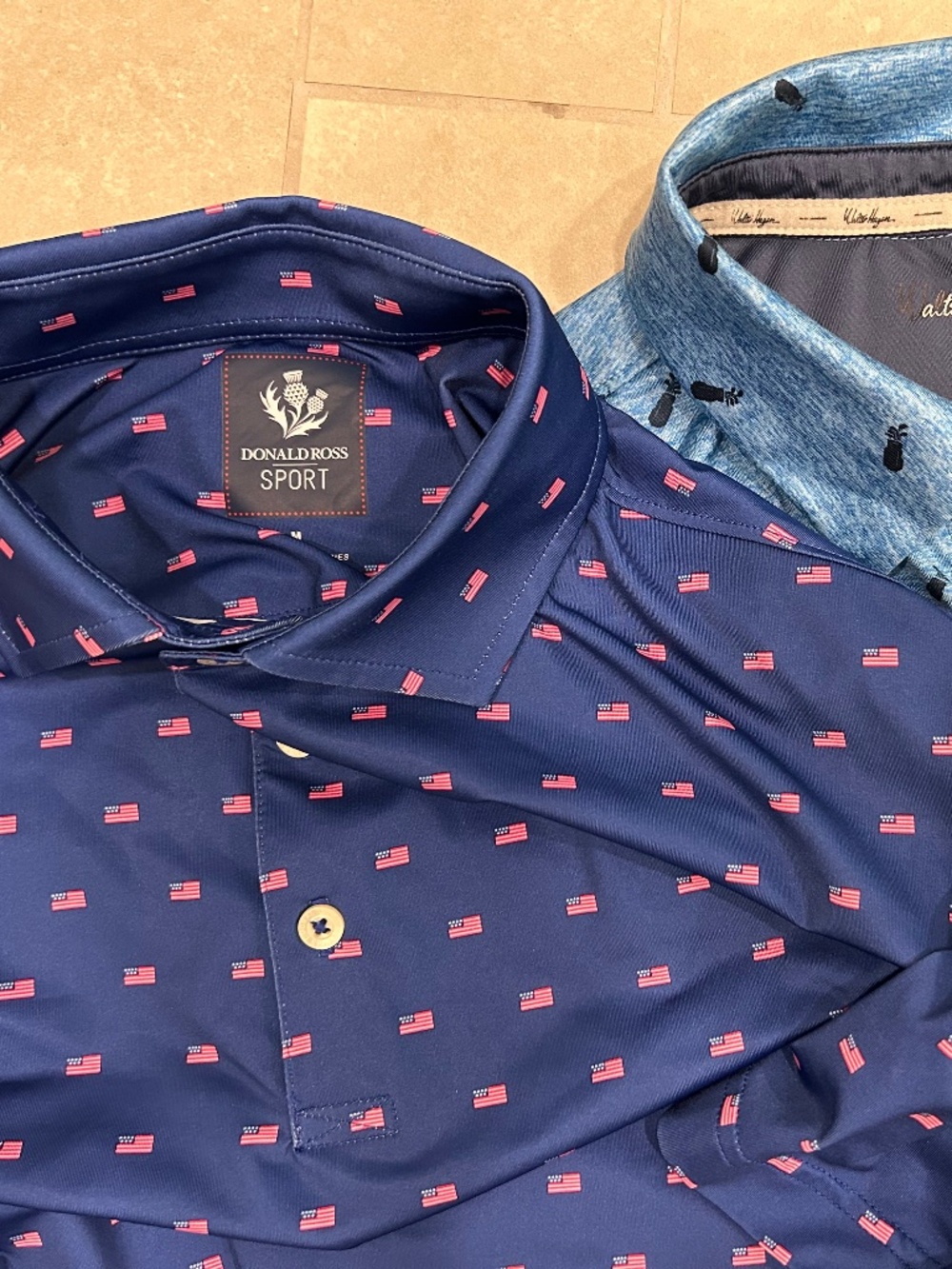 Lot of 2 men M performance golf shirts NWOT Donald Ross USA flag pattern & Hogan